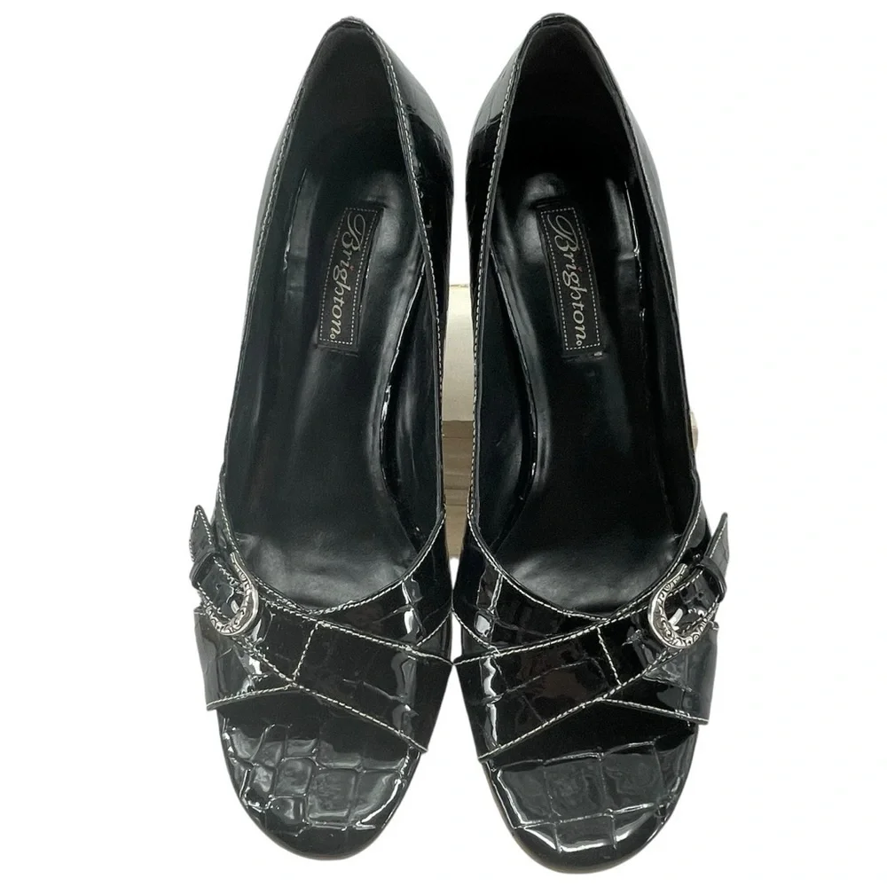 BRIGHTON Black Patent Leather Croc Wedge Peep Toe Corporate Mature Sandal  Sz 10
